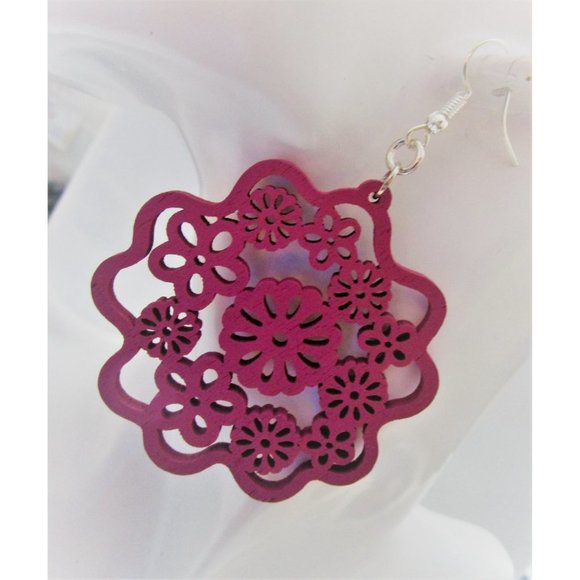 Purple carved large flower wooden earring hobo stainless steel nickel free posts - Picture 2 of 5